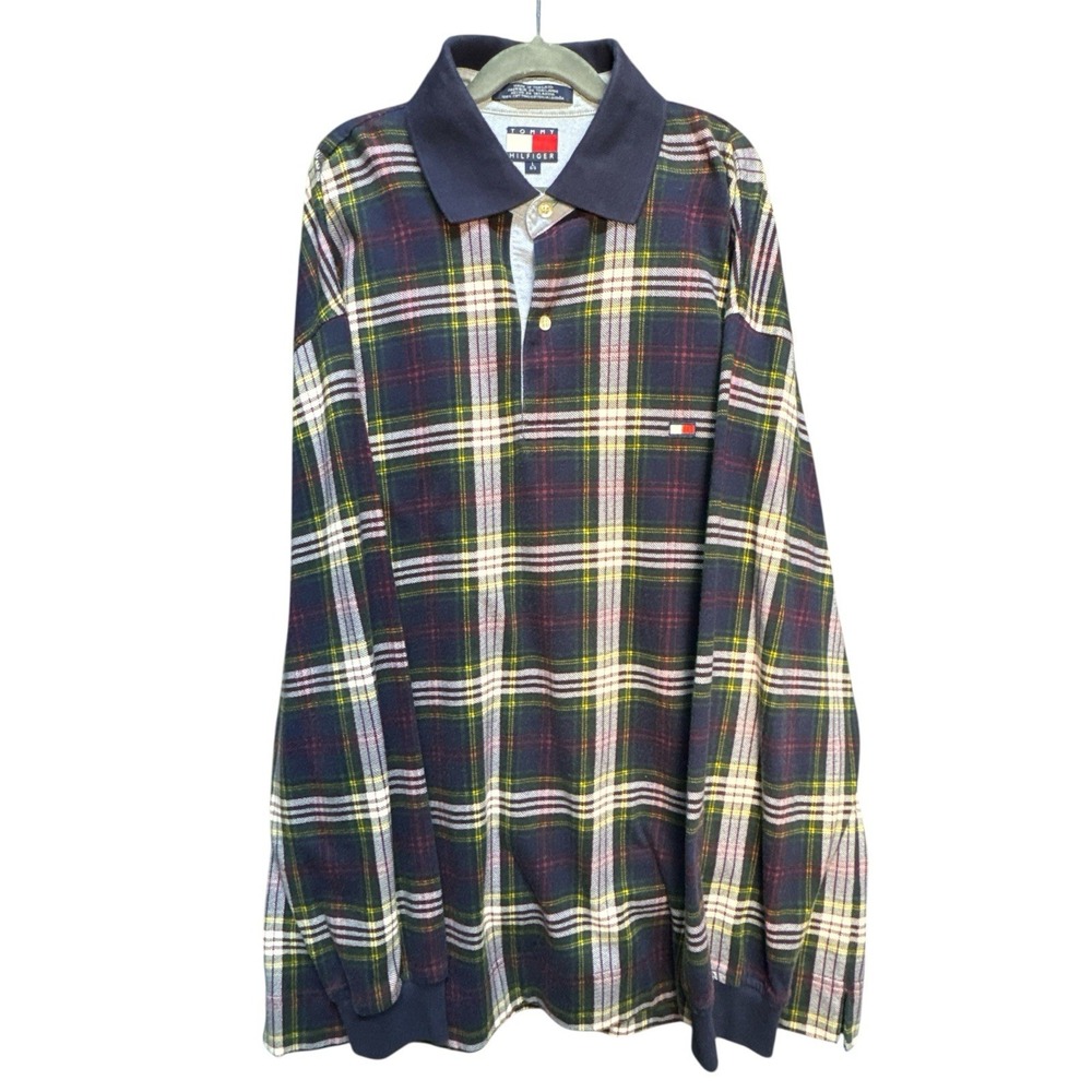 Vintage 90s Tommy Hilfiger Plaid Rugby Shirt Mens L Navy Collar Cotton
